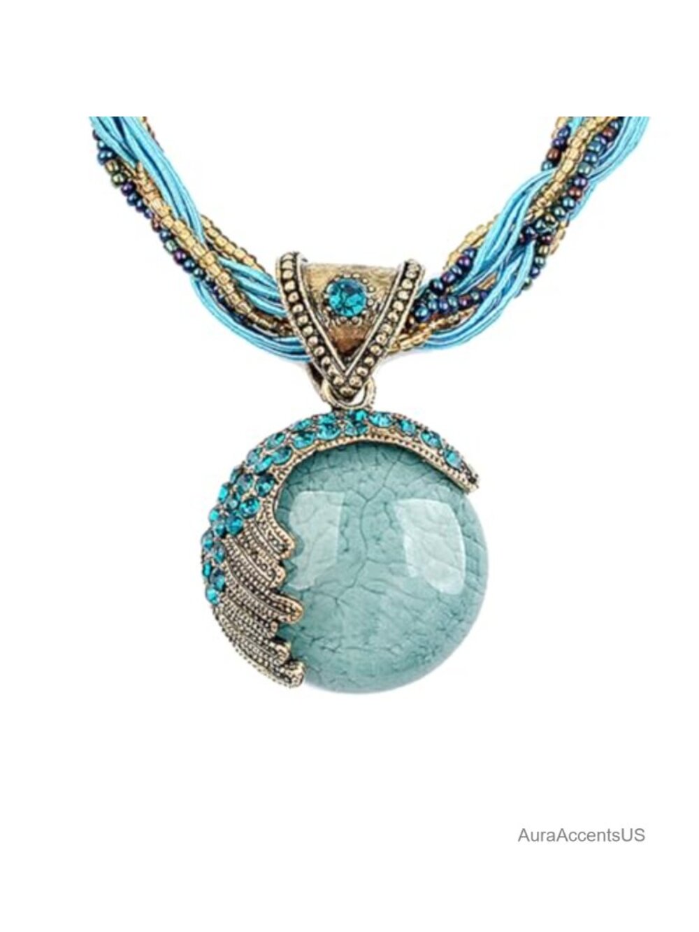 Handmade Bohemian Turquoise Rhinestone Rope Chain Pendant Necklace